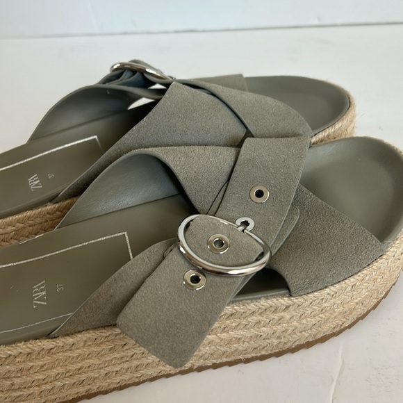 Zara espadrille platform sandal slide silver buckle sage gray green suede - Picture 15 of 16